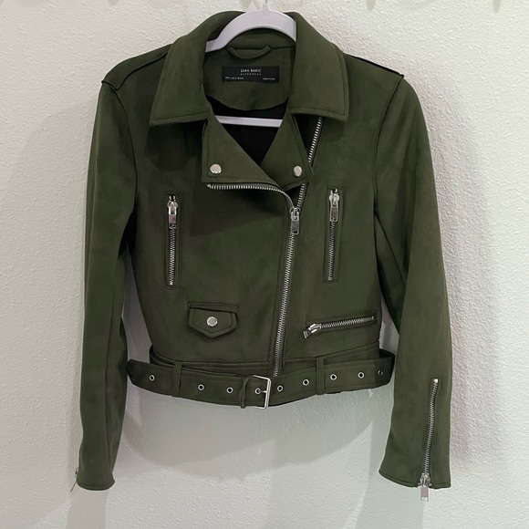 Zara Faux Suede Moto Biker Jacket Green Grunge Fall Neutral Belted Chic - Picture 1 of 6